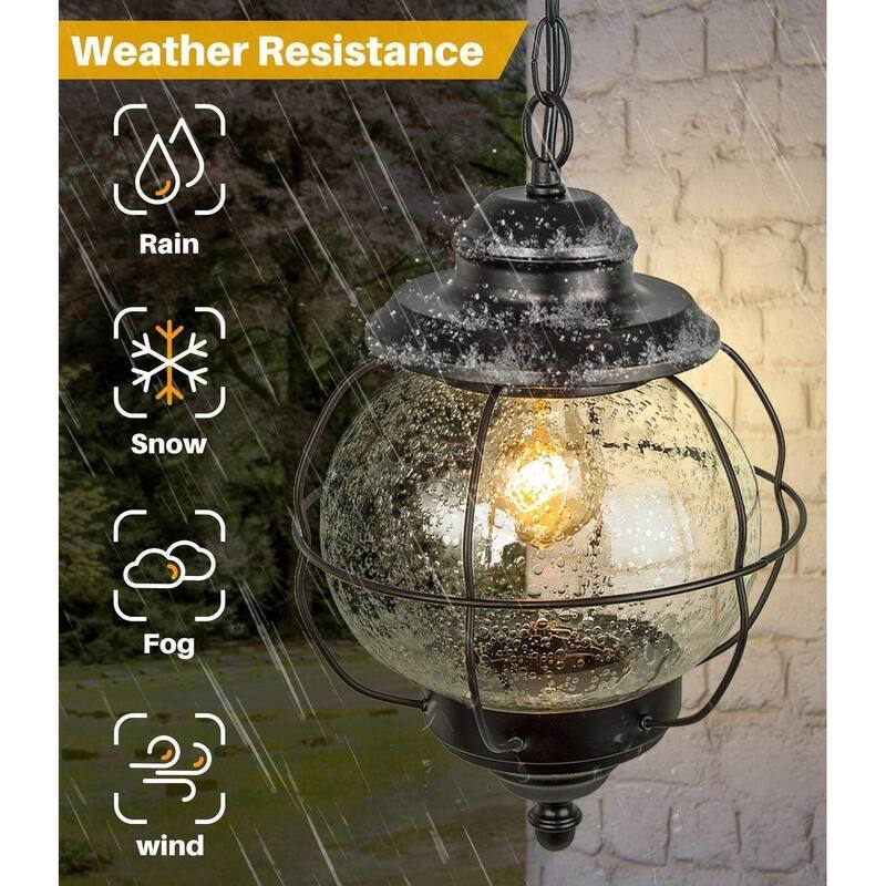 Modern Farmhouse Black 1-Light Outdoor Pendant Light Glass Patio Lantern Lamp - D10" X H12"