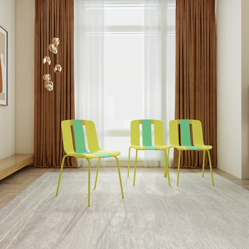 4-Pack Modern Striped Color Block Chairs - Indoor/Outdoor PP Plastic Seat & Sturdy Metal Legs, Vibrant Yellow, Orange, Green