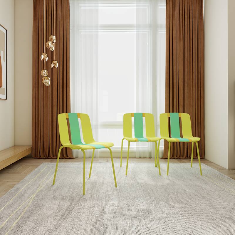 Malwee 4 PCS Indoor/Outdoor PP Plastic Chairs, Modern Striped Color Seat with Sturdy Metal Legs - for Living Room, Café, Terrace