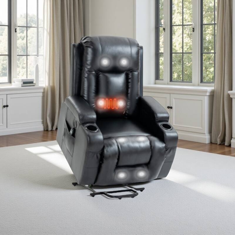 Heavy-Duty Power Lift Recliner with 8-Point Massage, Lumbar Heat Therapy, USB Charging, Dual Cup Holders, and Spacious Seating - Black