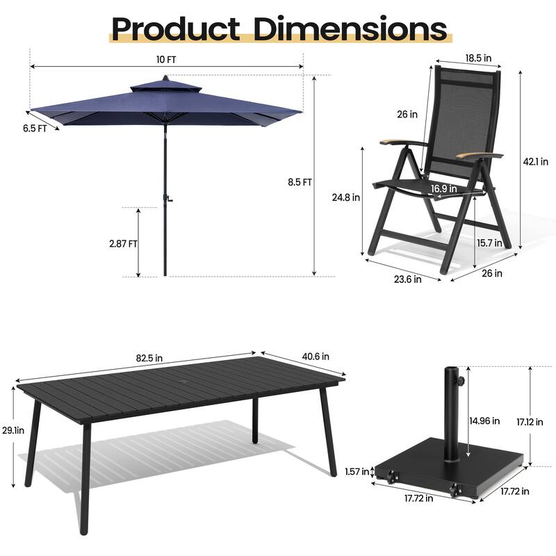 11PC Outdoor Patio Dining Set Aluminum Table with Folding Armchairs w/ Premium Market Umbrella Sets