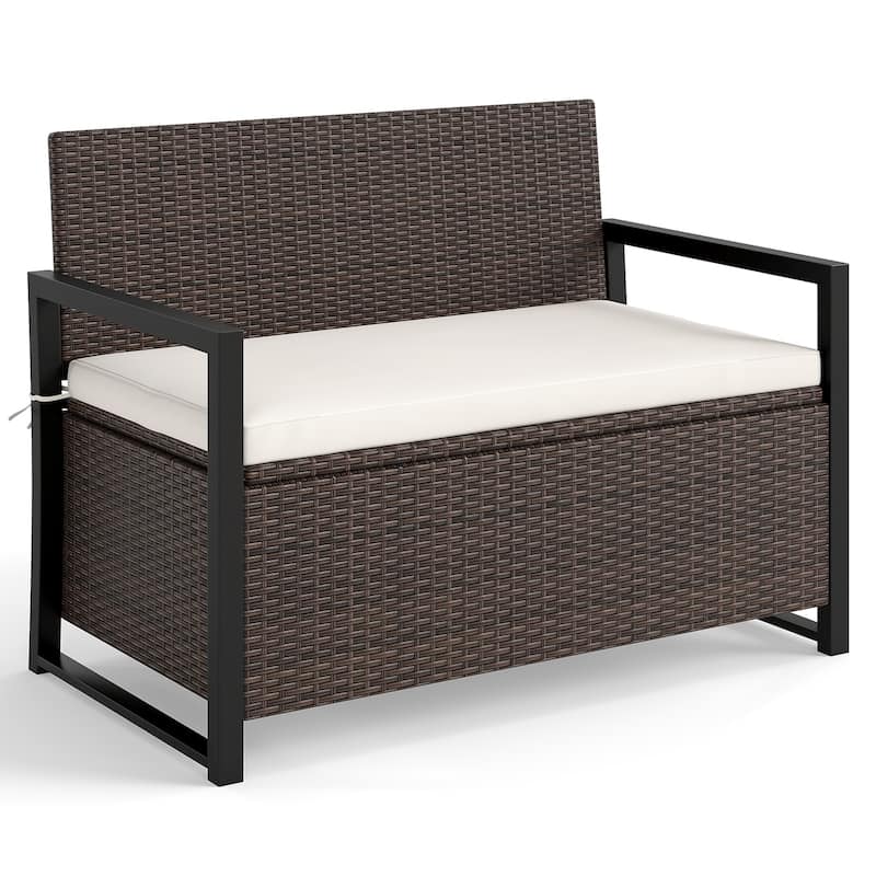 Patio Rattan Storage Bench with 40 Gallon Deck Box and Seat Cushion for Backyard or Garden - 24.5" x 46" x 33.5"