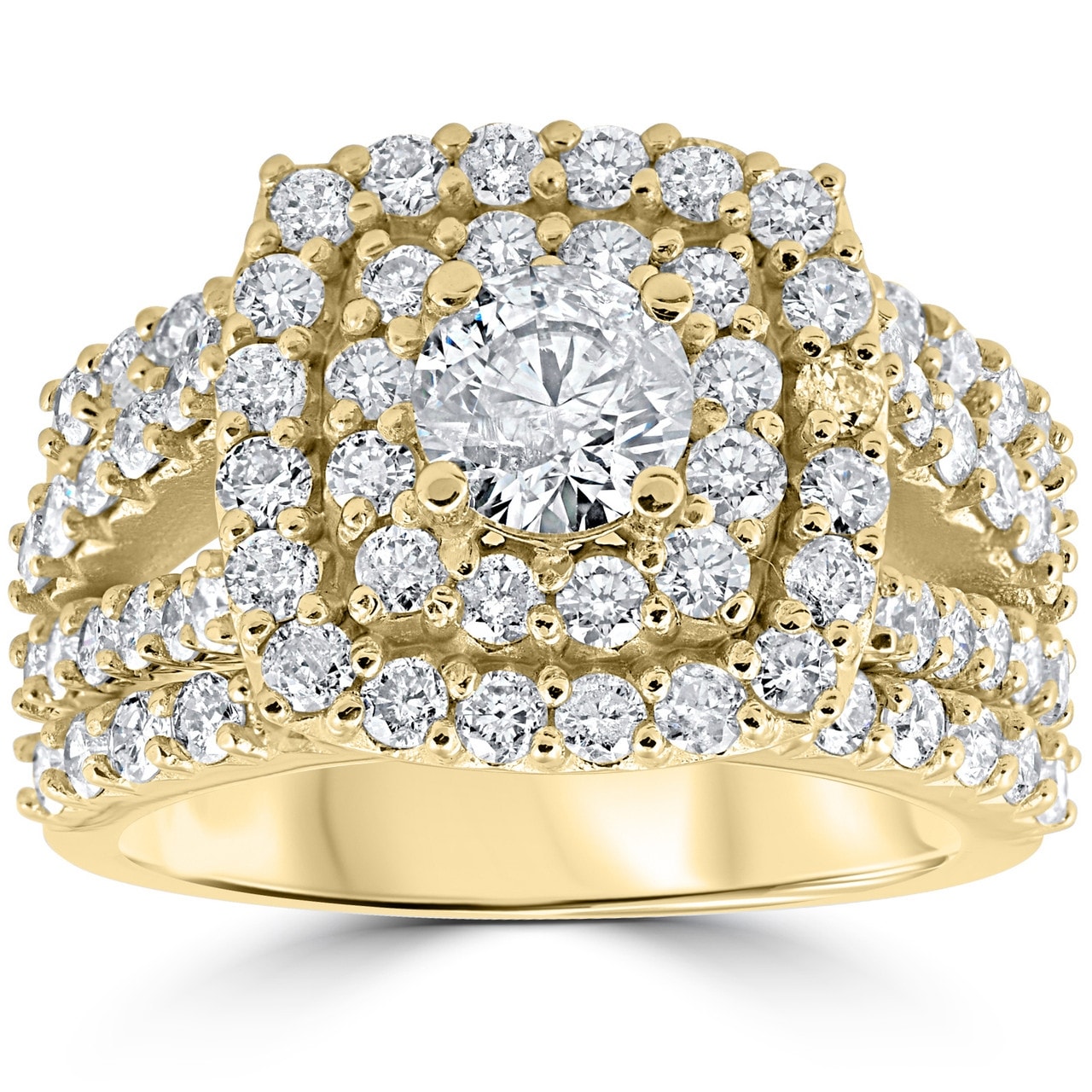 Bliss Diamond 3ct Diamond Engagement Wedding Double Cushion Halo Trio Ring Set Yellow Gold