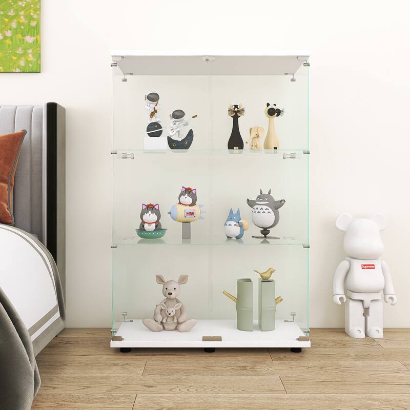 One-Door Glass Display Cabinet with 3 Shelves, Floor Standing Curio Bookshelf with Tempered Glass for Living Room Bedroom Office
