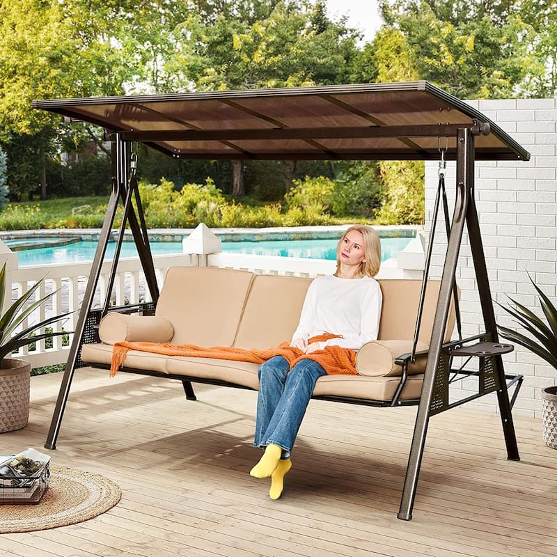 Outdoor 3-Seat Porch Swing with Adjustable Canopy & Cup Holder,Porch Swing Glider Chair, Heavy-Duty Steel Frame