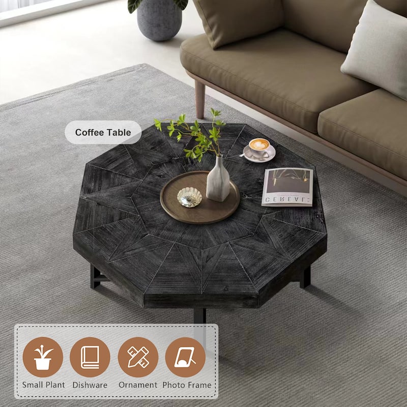 Octagonal Retro Patchwork Farmhouse Coffee Table with Wooden Tabletop Cross Metal Legs, for Living Room Antique Brown