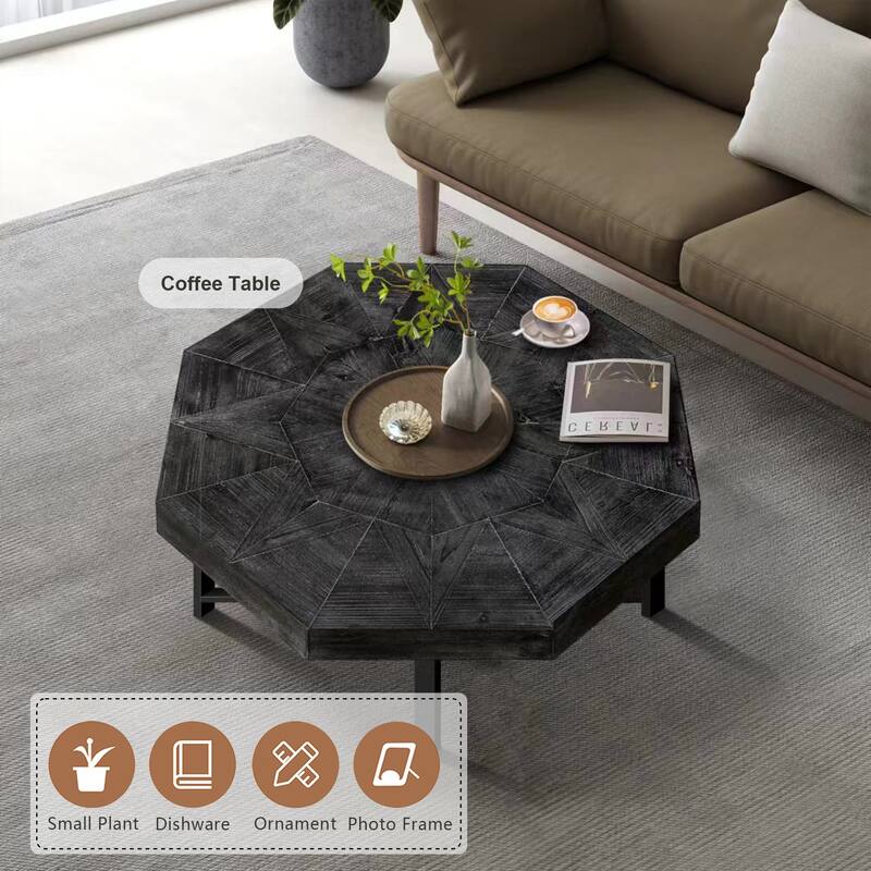 Vintage Center Table Octagonal Coffee Table Living Room End Table with Patchwork Solid Wood Tabletop and Crossed Metal Legs