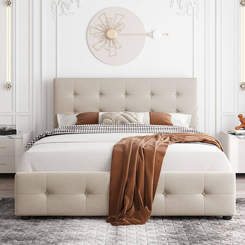 Upholstered Platform Bed with Classic Headboard and 4 Drawers, No Box Spring Needed, Linen Fabric, Queen Size - Beige