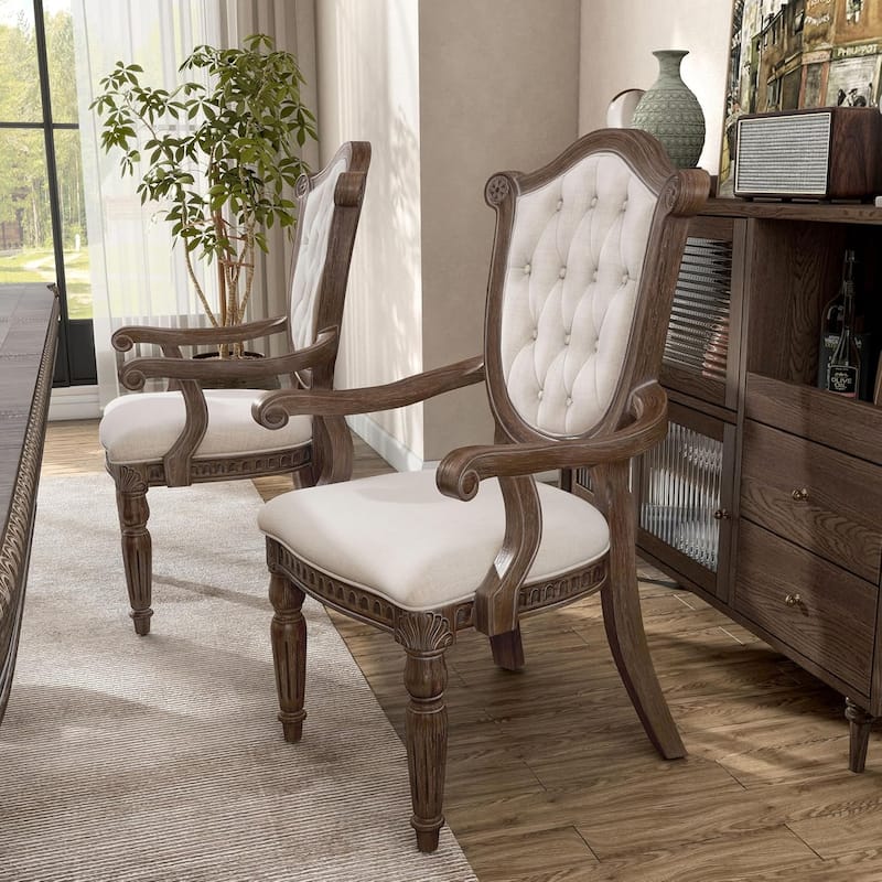 Tufted Arm Chairs Set Formal Oak Finish