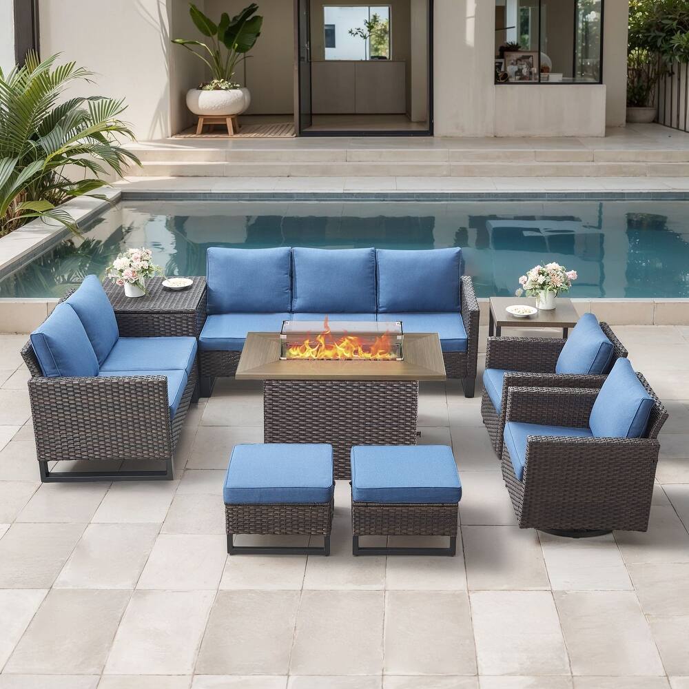 Gymojoy 9 Piece All-Weather Wicker Outdoor Patio Family Conversation Set Group With Fire Pit Table