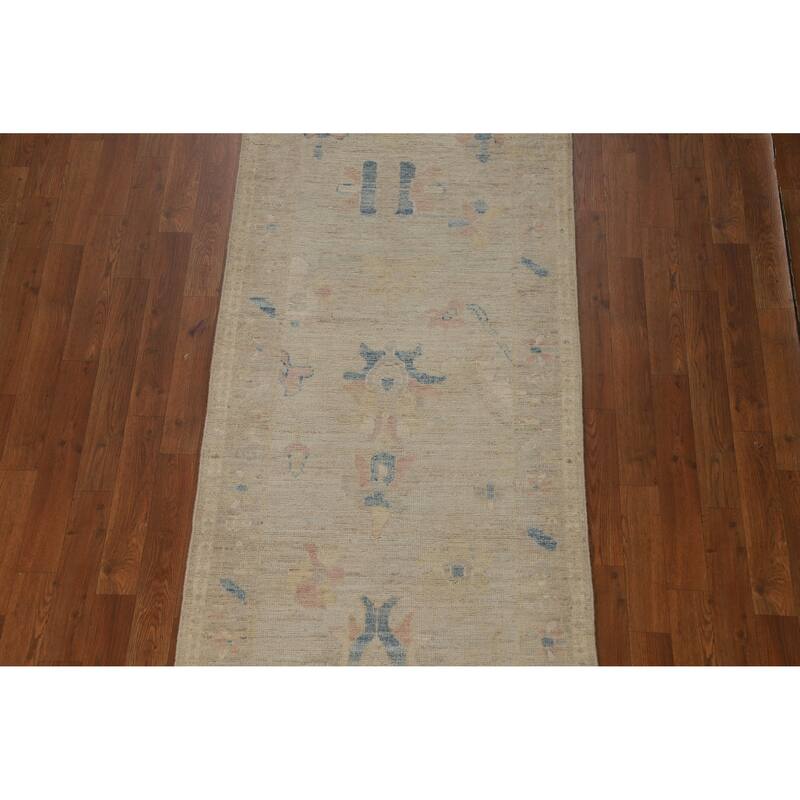 Hand Knotted Oriental 100% Wool Carpet Transitional Floral Beige & Ivories Oushak Runner Rug - 11' 9'' X 2' 9''