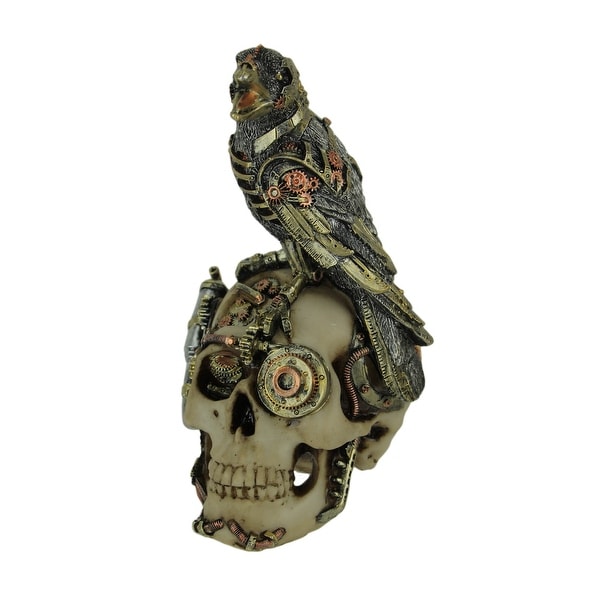 Robot Raven Perched On Steampunk Skull Statue - 7.75 X 5.25 X 4.5 inches