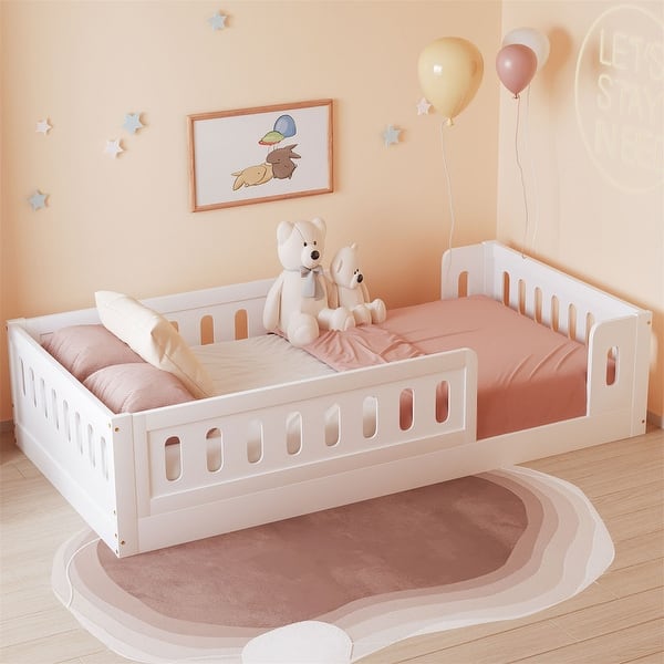slide 2 of 26, Twin Size Floor Platform Bed with Fence Guardrail, Solid Wood Montessori Bed Kids Bed Frame Low Grounded Bed for Toddlers White