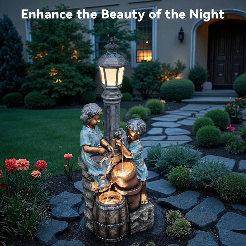 Storybook Outdoor Water Fountain with Boy and Girl Sculpture, Warm LED Lamp Post and Soothing Water Flow