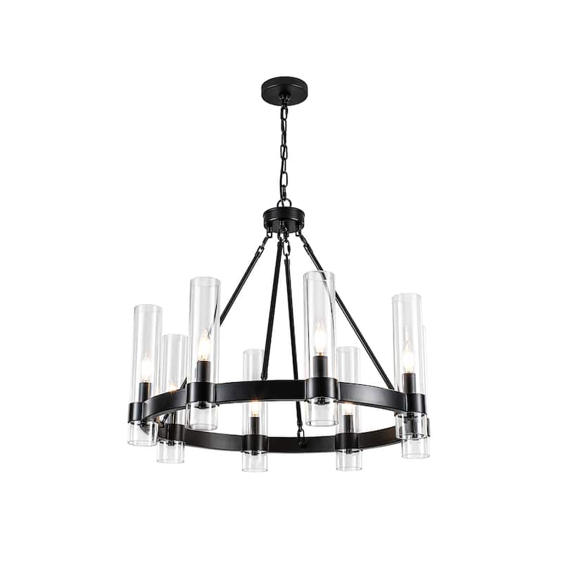 8-Light Industrial Wagon Wheel Chandelier with Glass