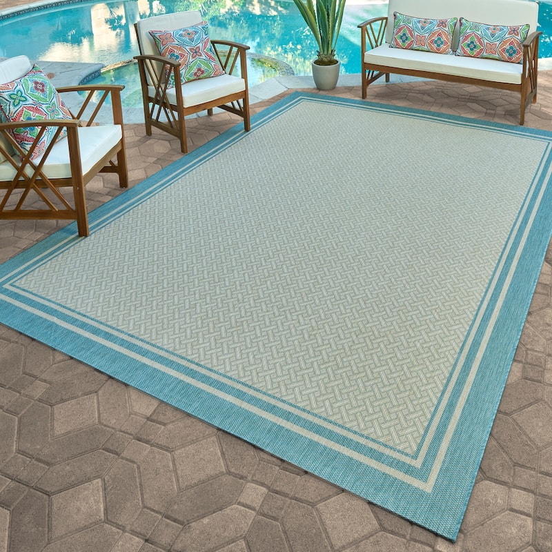 Gertmenian Paseo Soroa Oasis Aqua Blue Classic Border Flatweave Indoor/ Outdoor Area Rug