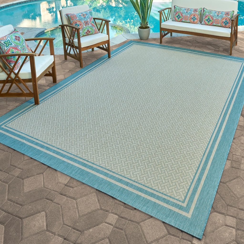 Gertmenian Paseo Soroa Oasis Aqua Blue Classic Border Flatweave Indoor/ Outdoor Area Rug
