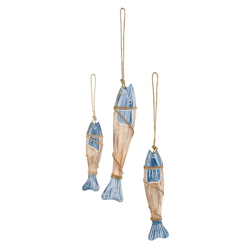 Wood Fish Handmade Home Wall Decor with Wrapped Jute Hanging Rope - Set of 3 Blue - Roche River Decor