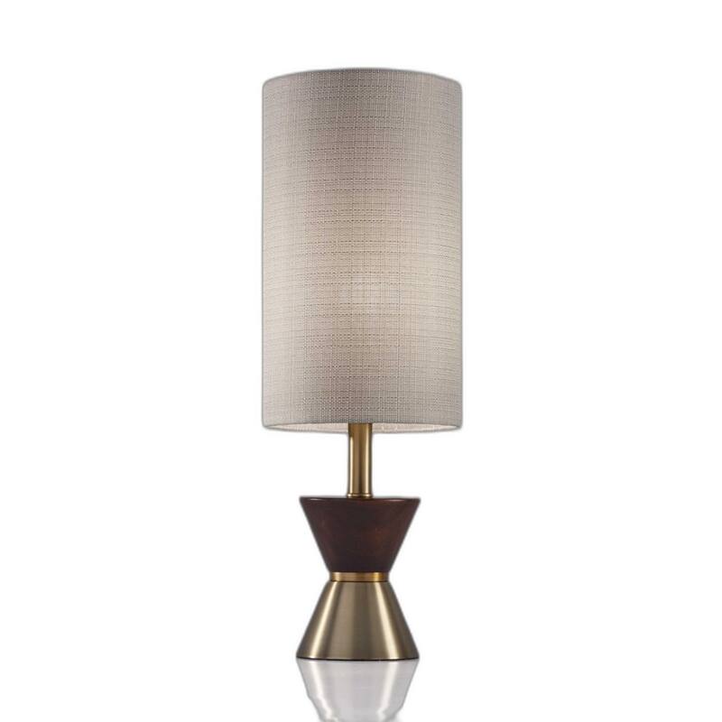 Dark Brown Walnut Wood Brass Base Mid Century Table Lamp with Beige Drum Shade - 8” x 8” x 23” (D x W x H)