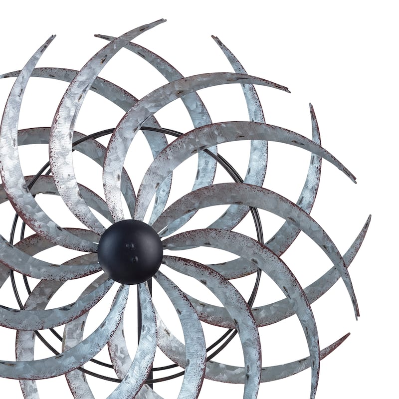 Alpine Corporation 58" Tall Outdoor Galvanized Metal Dual Windmill Spinner Stake Yard Decoration, Silver