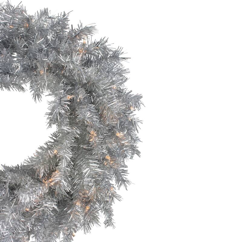 24" Silver Tinsel Artificial Christmas Wreath Clear Lights