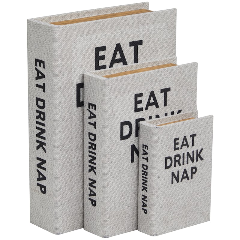 Faux Leather or Linen Fabric Book Storage Box - Set of 3 White, Beige, Black, Red or Light Gray - Roche River Decor - Light Gray - "Eat Drink Nap" Text Cover