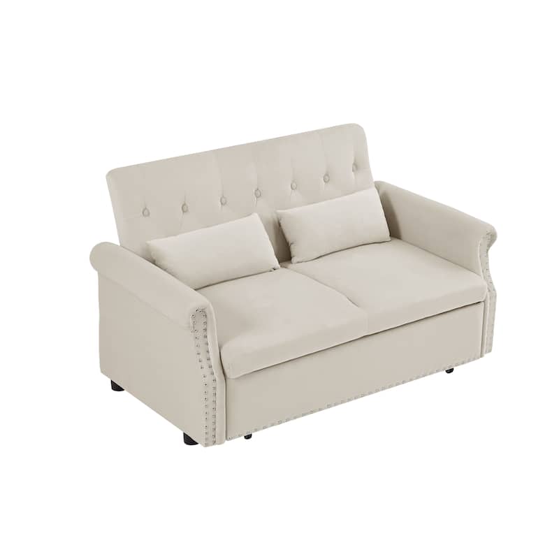 Velvet Pull Out Loveseat Sofa Convertible Sleeper Loveseat Bed with 2 Pillows Rivet Arm Lounge Couch Tufted Sofa