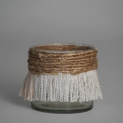 Votive Wrapped in Cream & Natural Fringe 3"x3"- A