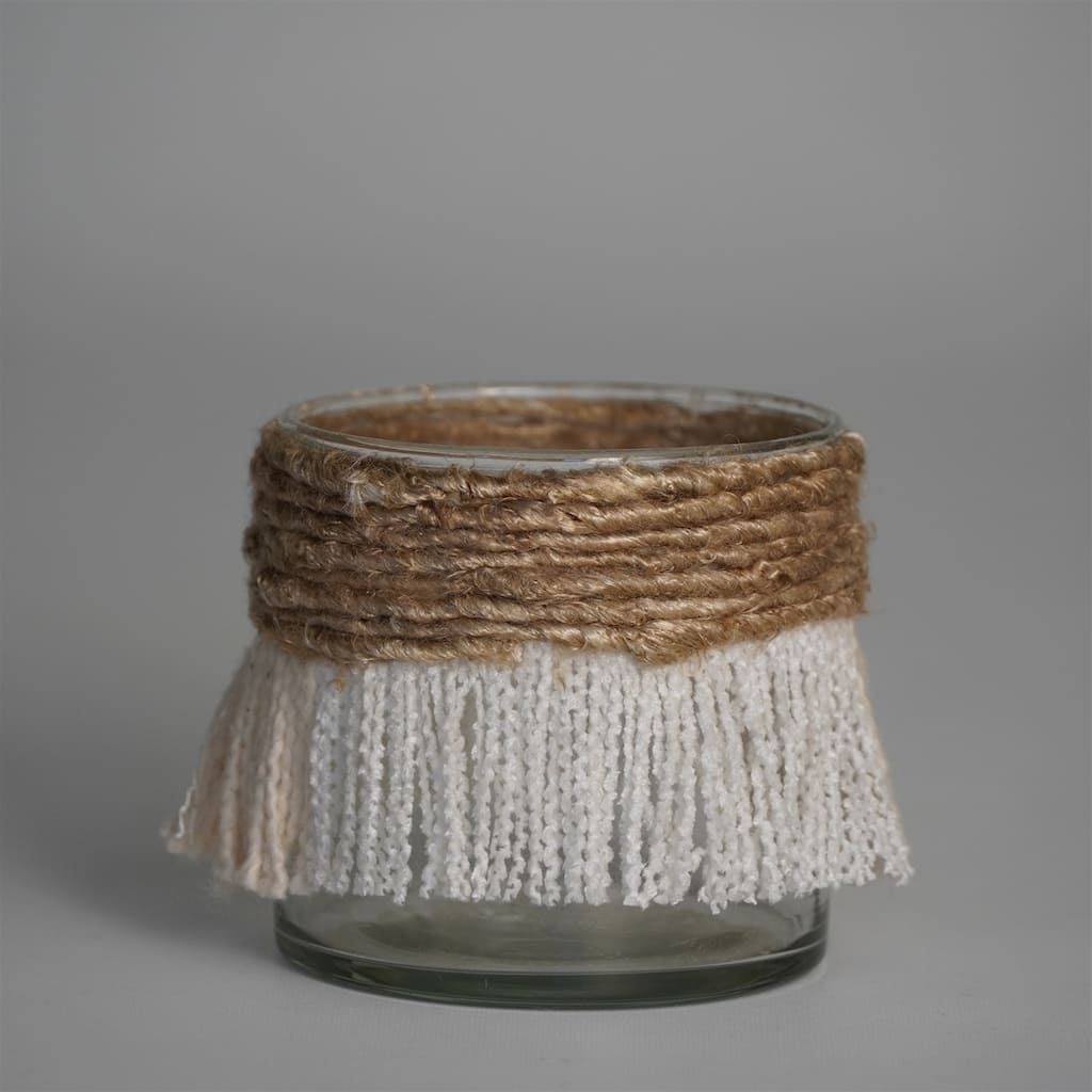 Votive Wrapped in Cream & Natural Fringe 3"x3"- A