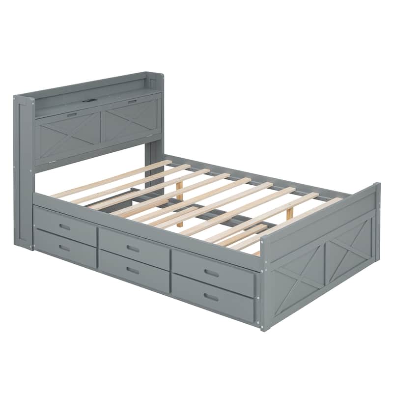 Full Size Wooden Bed with Storage Headboard, Extendable with Twin Trundle and Drawers, Gray