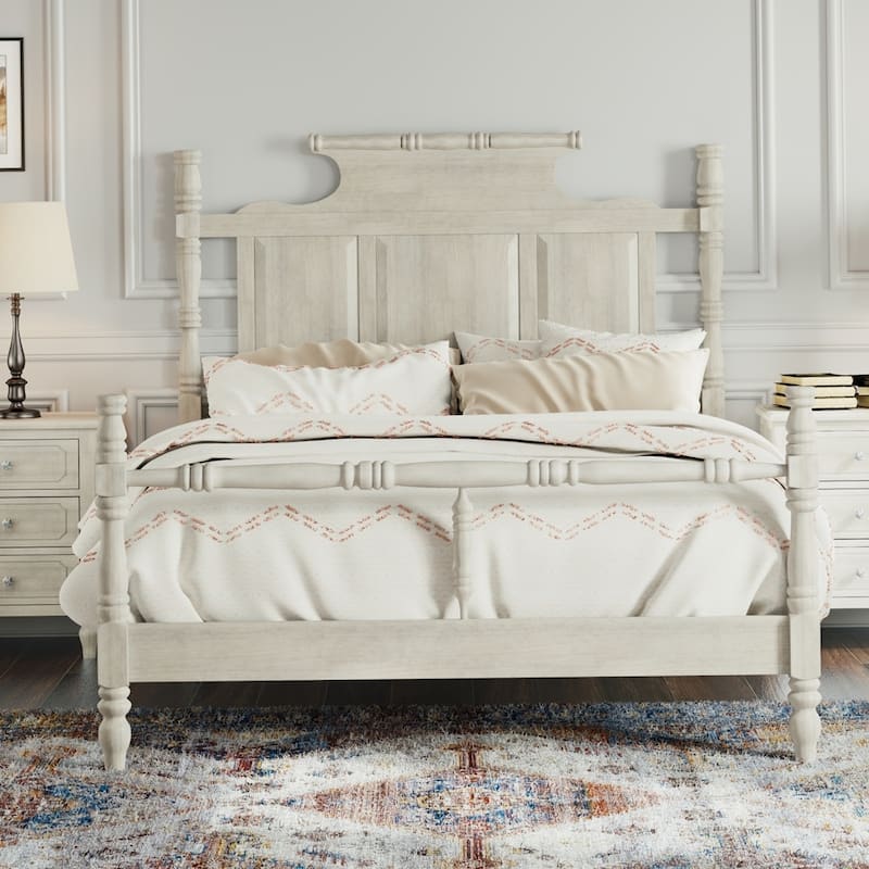 Modern Wood Four Poster Platform Bed - White - Queen