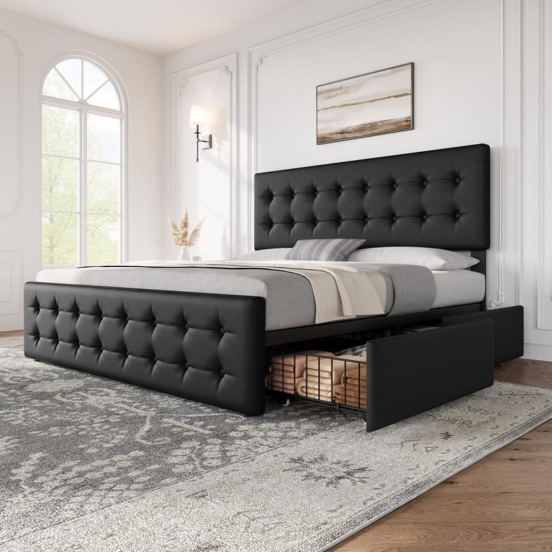 Upholstered Bed with 4 Drawers and Adjustable Button-Tufted Linen Headboard