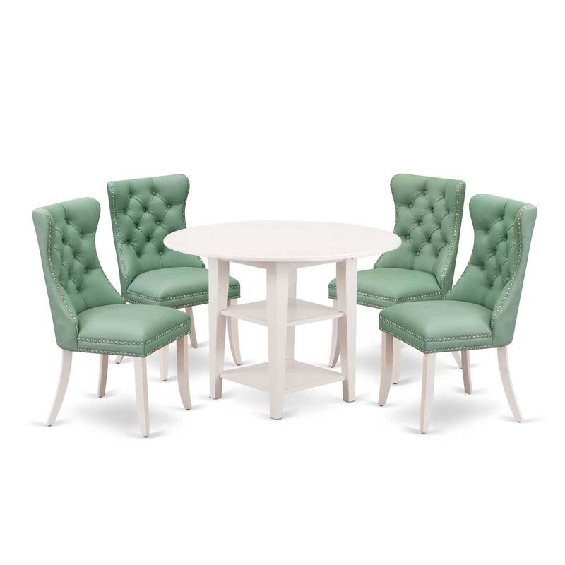 5-Piece Linen White Finish Solid Wood Top - Round Upholstered Dining Room Set - Seats 4