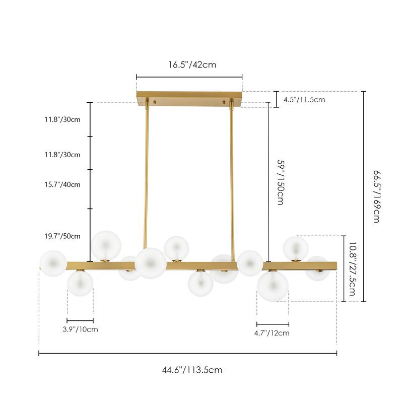 12-Light Modern Linear Cluster Chandelier with Frosted Glass Globes, Mid-Century Modern Pendant Light