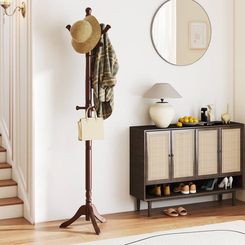 72" Height Adjustable Wooden Coat Rack Tree with 11 Heavy Duty Hooks and Tri-Leg Base for Bedroom or Entryway - 20" x 17" x 72" - Brown
