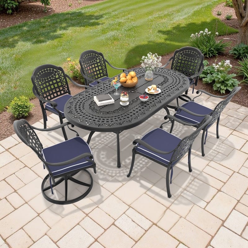 7-Piece Outdoor Dining Set with 1 Table and 6 Chairs, All-Weather Aluminum Outdoor Patio Sets - Black