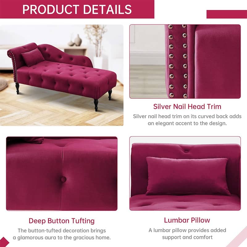 60"W Velvet Chaise Lounge, Tufted with Pillow & Nailhead Decorate - 60.6W" x 27.5D" x 28.3"H