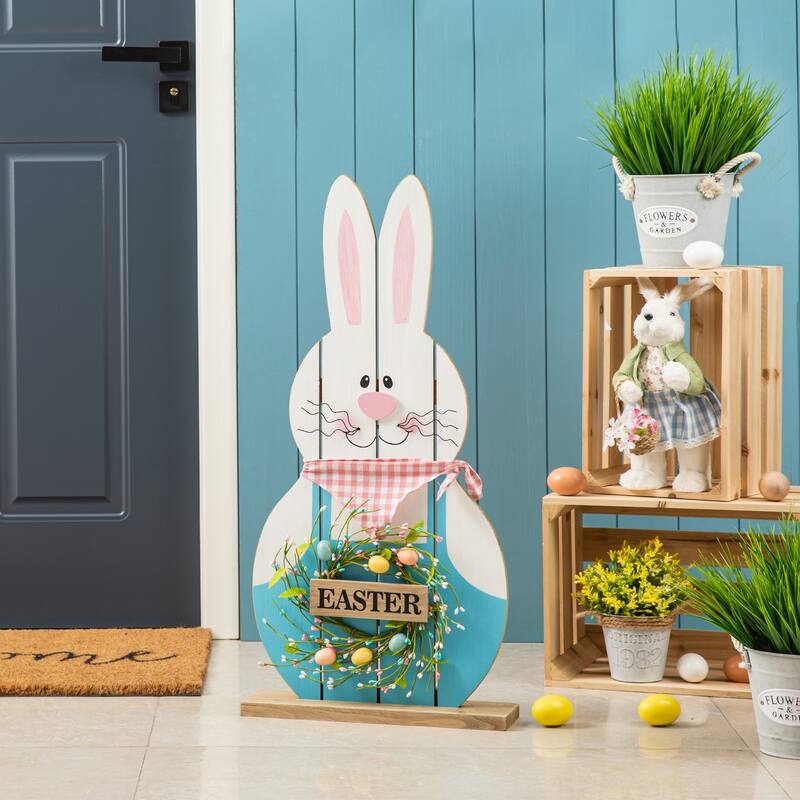 Glitzhome 30"H Easter Wooden Bunny Family Standing Porch Sign Decor with Wreath - Easter