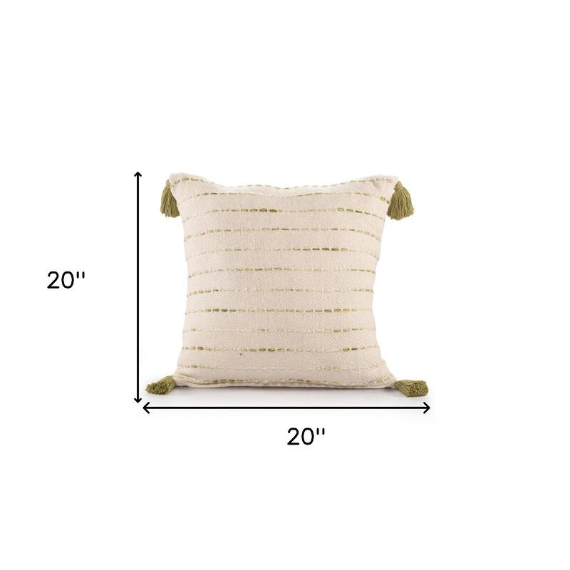 HomeRoots 20" X 20" Olive Green And Ivory 100% Cotton Striped Zippered Pillow