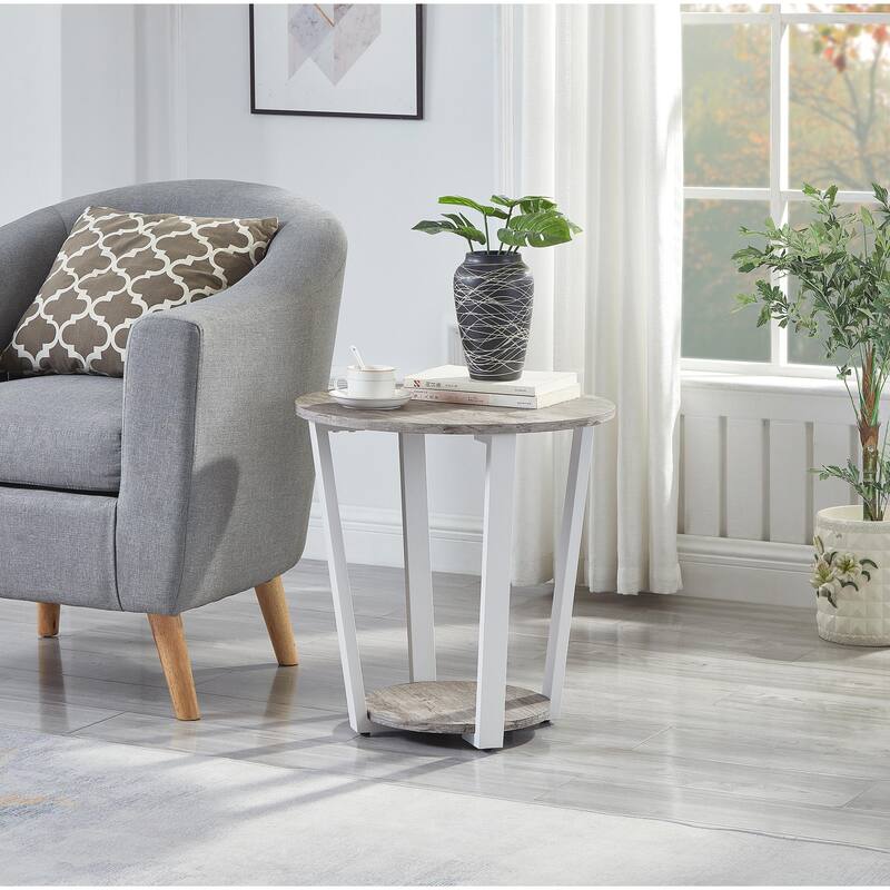 20" Modern Round End Table with Storage Shelf and Round Base for Living Room or Bedroom - Gray