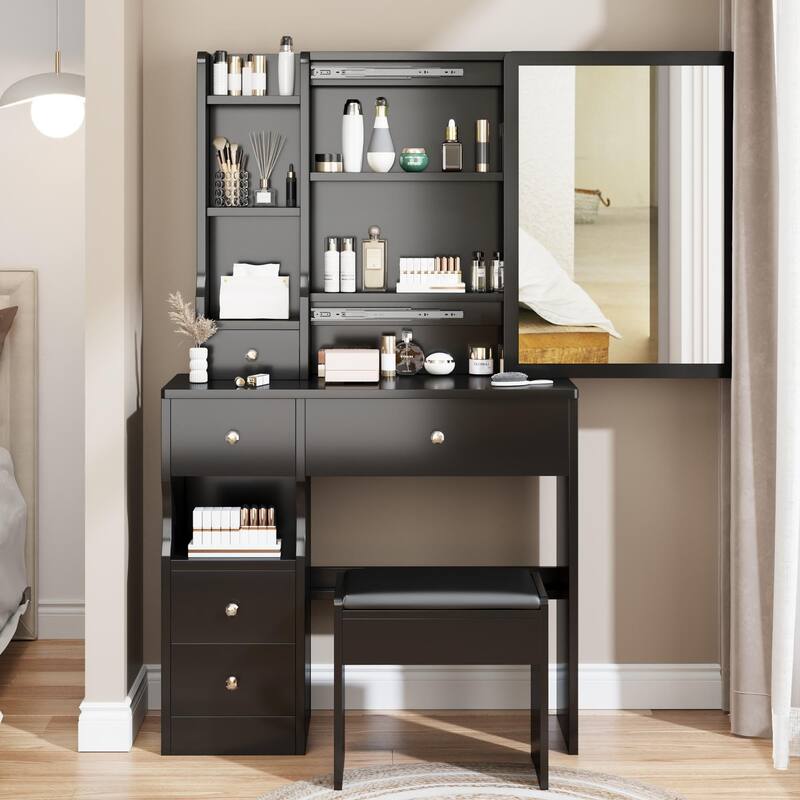 4-drawer Makeup Table Vanity Desk Hollywood Lighting - Black