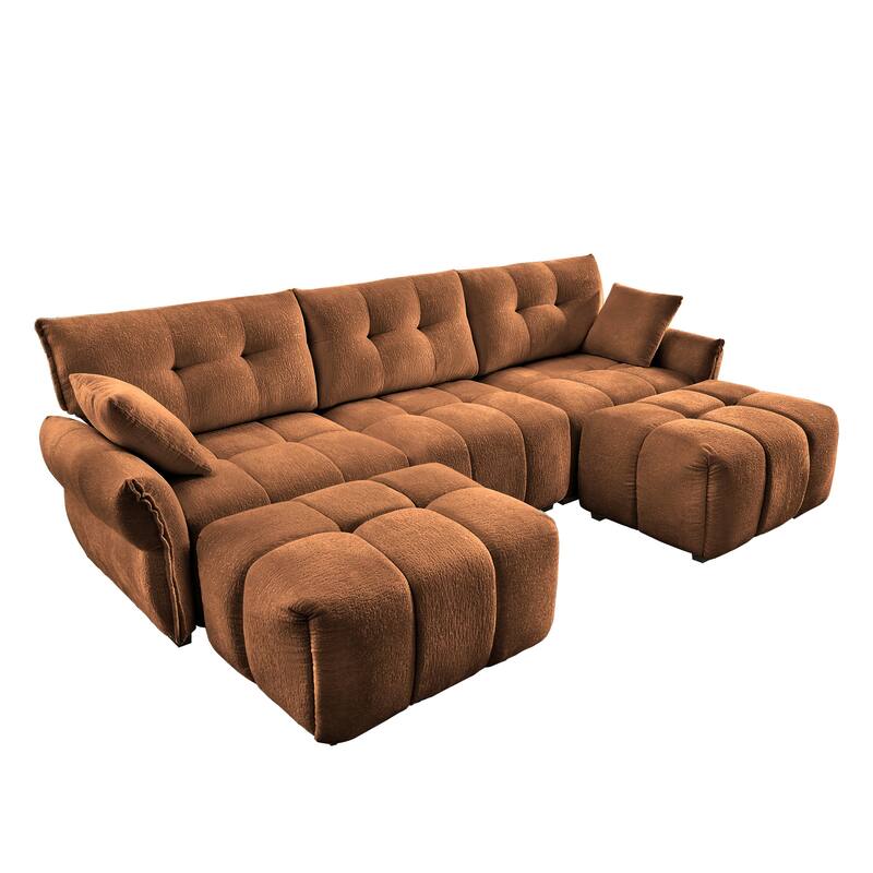 110.2" Chenille 3-Seater Sofa Set with Ottoman and Throw Pillows, Solid Wood Frame