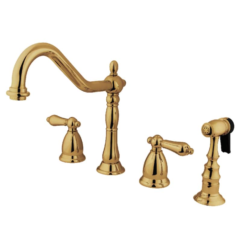 Kingston Brass Heritage Deck Mount Widespread Kitchen Faucet with Brass Sprayer - Polished Brass