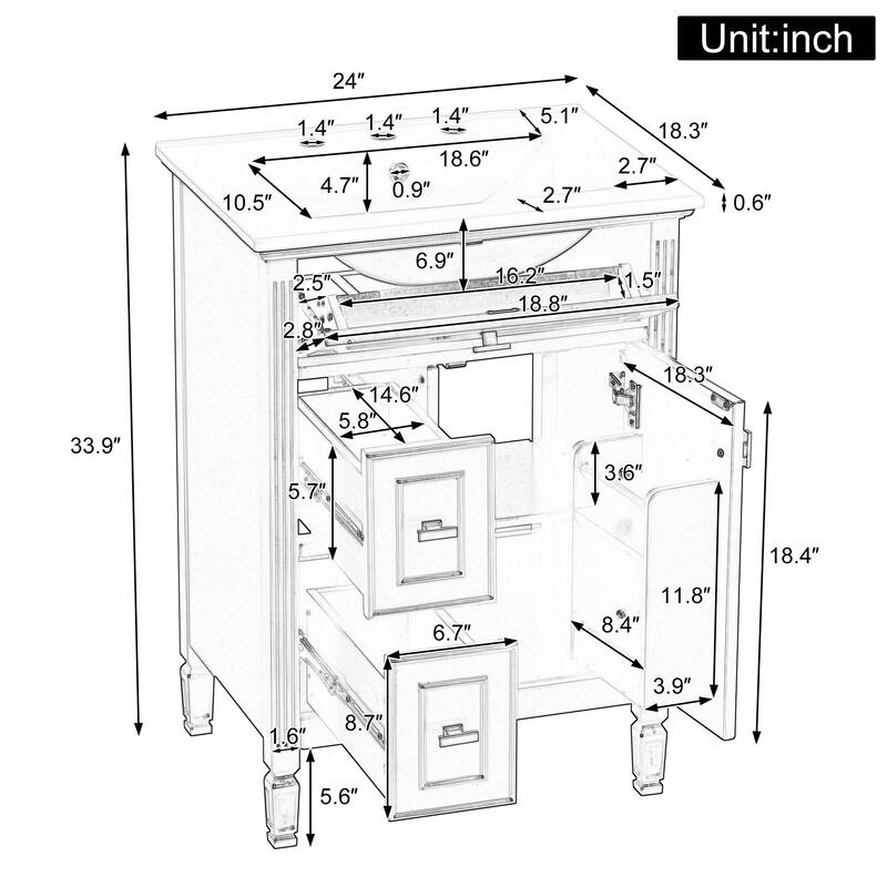 24-Inch Bathroom Vanity with Sink, Solid Wood and MDF Cabinet