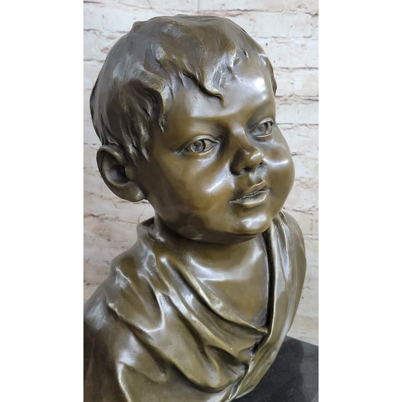 Bronze Metal Bust Statue Sculpture Of Young Boy Child On Marble Base Signed Original Art
