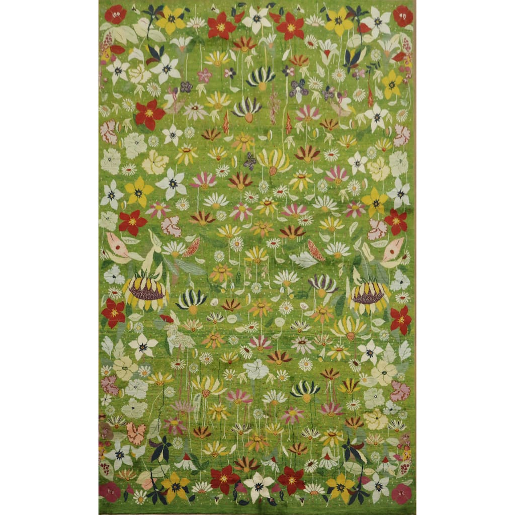 Hand Knotted Oriental 100% Wool Carpet Modern All-Over Green Gabbeh Area Rug - 11' 4'' X 7' 0''