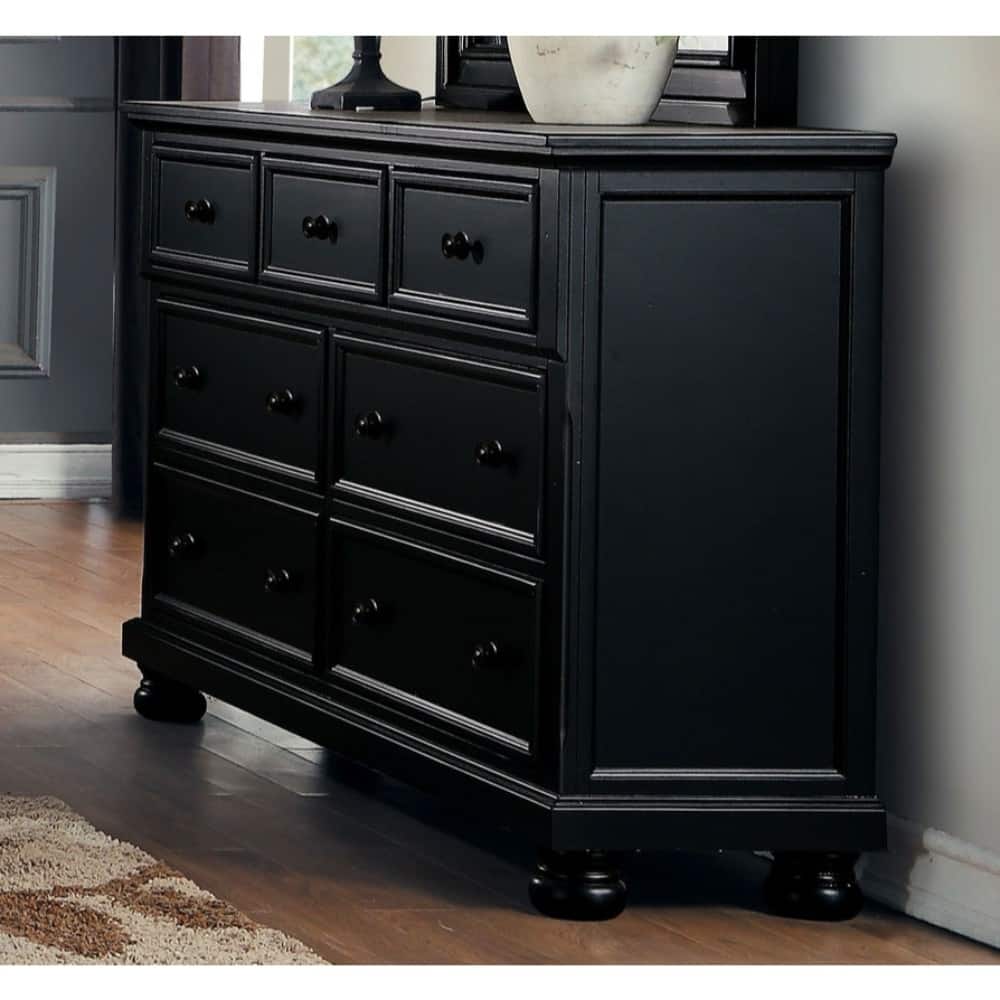 Transitional Style Seven Drawer Wooden Dresser with Round Bun Legs, Black