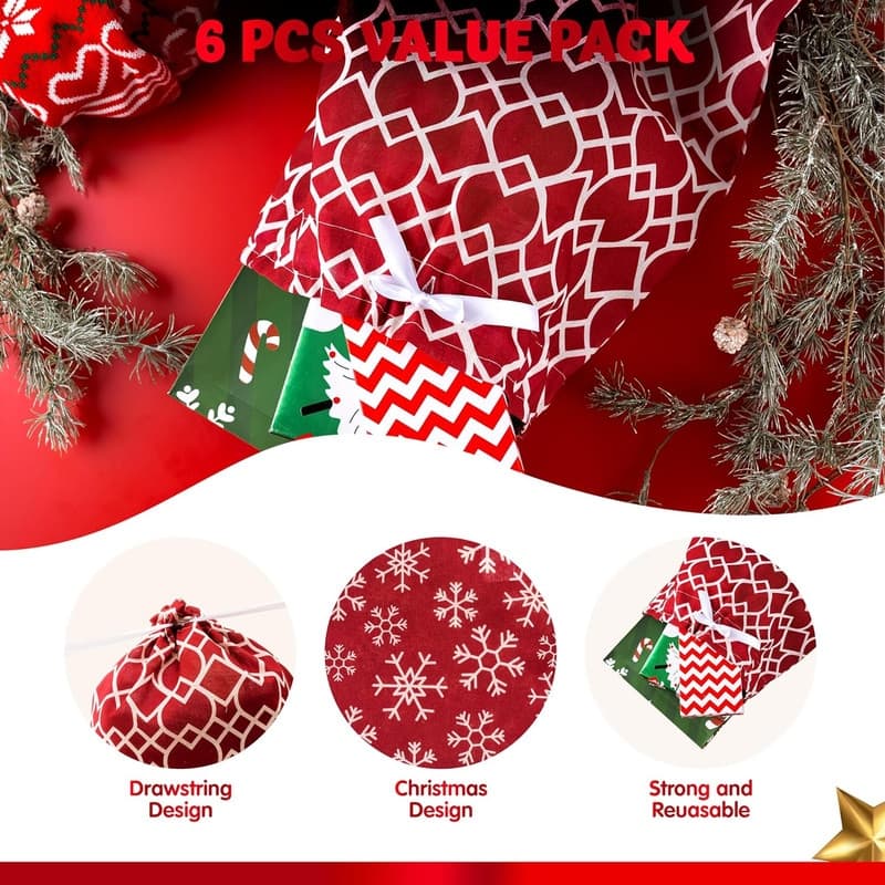 Unique Christmas Gift Bag Set - 6 Pieces - Red