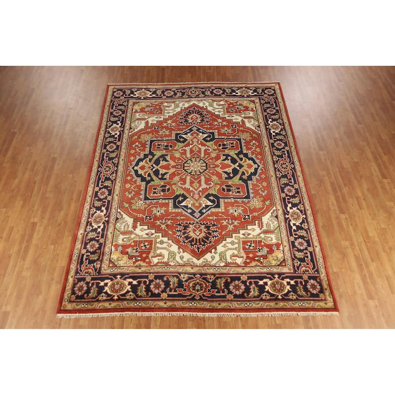 Orange Medallion Heriz Serapi Indian Area Rug Handmade Wool Carpet - 8'10" x 11'9"