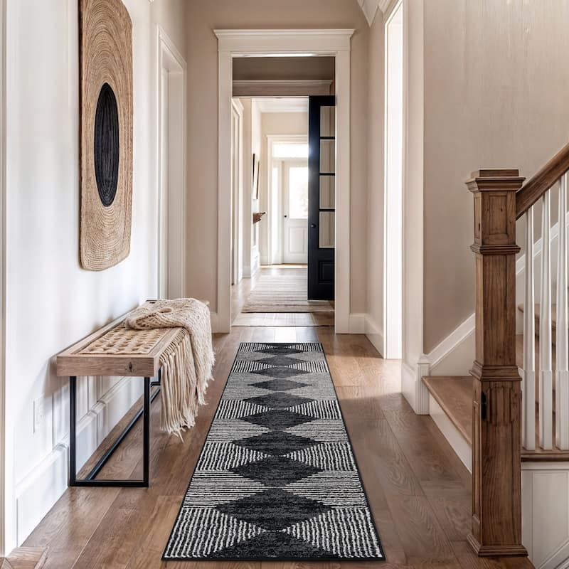 Beige Brown Geometric Stripe Stylish and Durable Area Rug - Black - 2' 3" x 12'